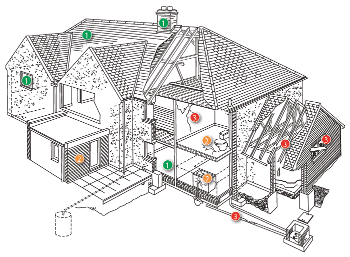 Diagram showing cutaway of detached house showing the crucial areas to survey